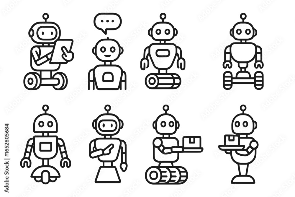 Poster robot icon set. line art collection of service, delivery, and companion robots. vector symbols for a