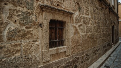 Small aperture within a stone wall lining a cobbled road