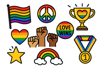 Colorful LGBT pride icon set celebrating diversity, equality, and inclusion. Vector cartoon graphics of rainbow flag, heart, love wins slogan, peace sign, protest fist, trophy.