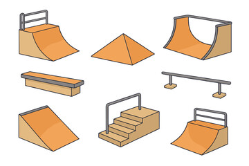 Vector set of skate park ramps and rails for urban skateboarding and extreme sports activities, including quarter pipe, pyramid, half pipe, ledge, stair set with rail, and kicker ramp in cartoon style