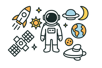 Creative minimalist space exploration vector with spaceships, astronaut, planets, moon, stars, and UFO in cartoon style illustration