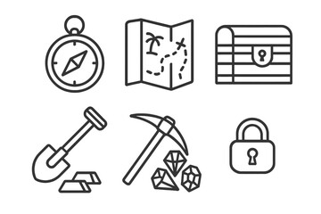 Treasure Hunter Tools Icons Set, Outline Vector Collection of Compass, Map, Shovel, Chest, Pickaxe, Gems, Lock, and Gold Bars for Adventure and Exploration Design