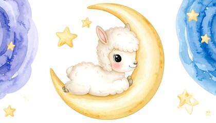 Watercolor Llama Resting on Crescent Moon with Starry Sky Background