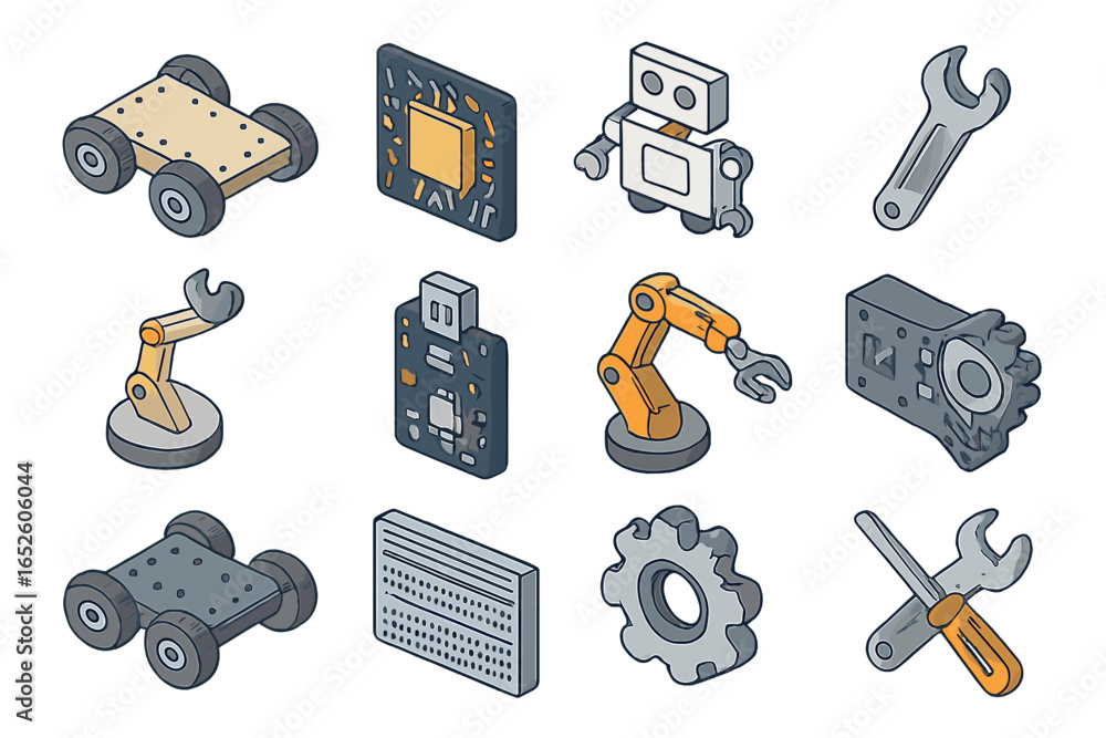 Poster robotics engineering isometric icon set. automation technology concept. robot arm, chassis, cpu, bre