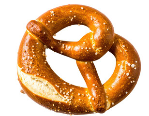 Golden brown soft pretzel with a traditional knot shape glossy crust and coarse salt topping.