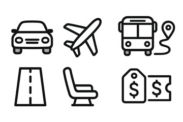 Transportation icons representing diverse travel elements including vehicles, routes, seating, and pricing in a clean vector cartoon style illustration