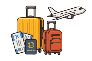 Travel essentials including luggage, boarding passes, passport, and airplane illustration for journey preparation, adventure, and exploration, vector cartoon style