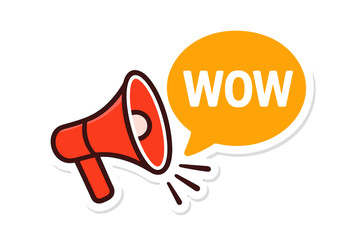 Megaphone with wow message in speech bubble. Promotion or sale sticker label. Loudspeaker icon for business, marketing and advertising. Announcement concept vector design.