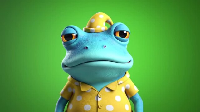 A blue frog wearing a yellow polka dot shirt and hat looks directly at the camera with a neutral expression on a green background.