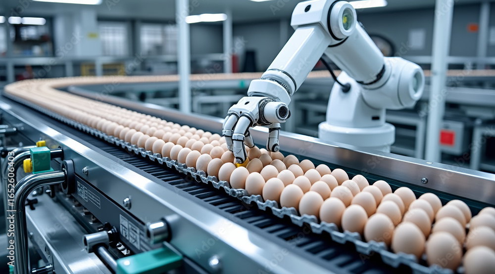 Poster contaminated eggs concept ,automated robot arm removing contaminated eggs from conveyor belt in fact