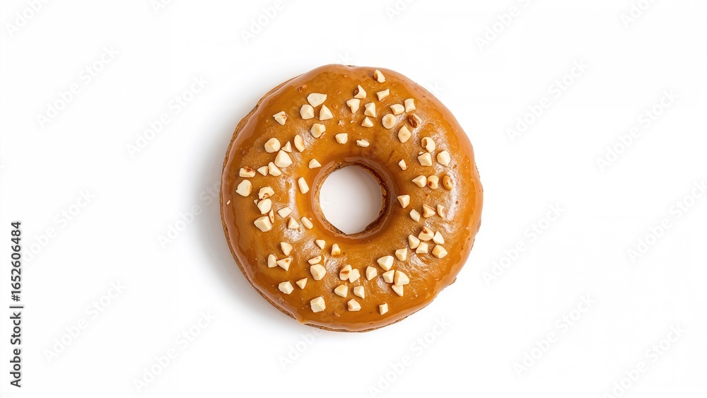 Poster white background featuring a donut with caramel topping and nuts, seen from above