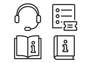 Virtual Support Icons Set of 4 Outline Vector Graphics Including Customer Service Headset with Microphone, Ticket Queue List, Open Knowledge Base Book, and Closed Information Manual Illustration