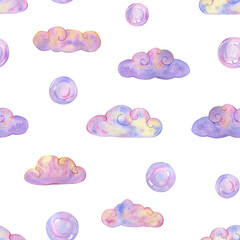 A Dreamy Pastel Rainbow and Cloud Design on a Transparent Background, a serene watercolor seamless pattern perfect for baby announcements, scrapbooking, and peaceful home decor.