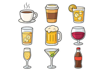 Various Drink Icons Representing Different Types of Beverages Including Coffee, Juice, Beer, Wine, Cocktails, and Soda on a Clean Transparent Background Vector Cartoon Illustration Ordered Set