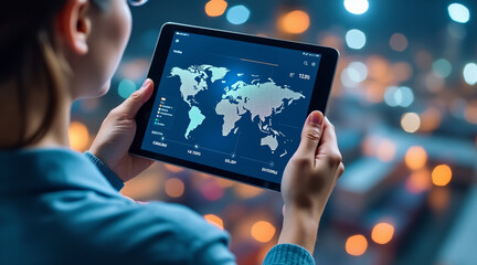 Export tariff concept ,woman analyzing trade tariffs digital tablet with world map display, showcasing data insights
