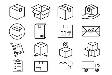Shipping and delivery service line icon set. Logistics and transportation vector symbols. Package, box, truck, cargo, and freight outline pictograms for web and e-commerce.