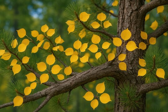 Close-up shot of yellow aspen leaves nestled within pine tree limbs