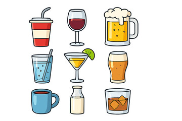 Various drink icons representing different types of beverages with colorful cartoon-style vector illustrations on a simple transparent background in an ordered set