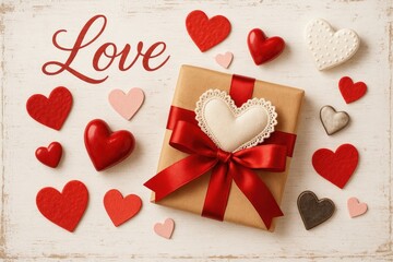 Romantic Valentine's Decor with Gifts, Heart Shapes, and Love Text on a White Wooden Backdrop