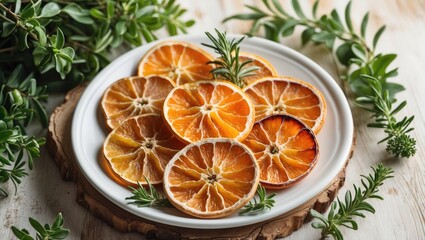 Flavorful dried citrus slices displayed on a platter on the table