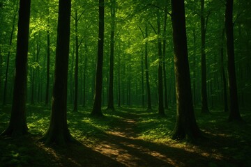 Obraz premium Sunlit forest with shadowed tree trunks and vibrant green leaves