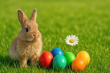 Fototapeta premium Charming rabbit amidst lush grass and colorful eggs, space available for message