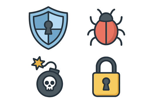 Cybersecurity Threats Icons Set, Shield Bug Bomb Lock Vector Cartoon Illustration on Transparent Background, Digital Security, Malware Protection Symbols