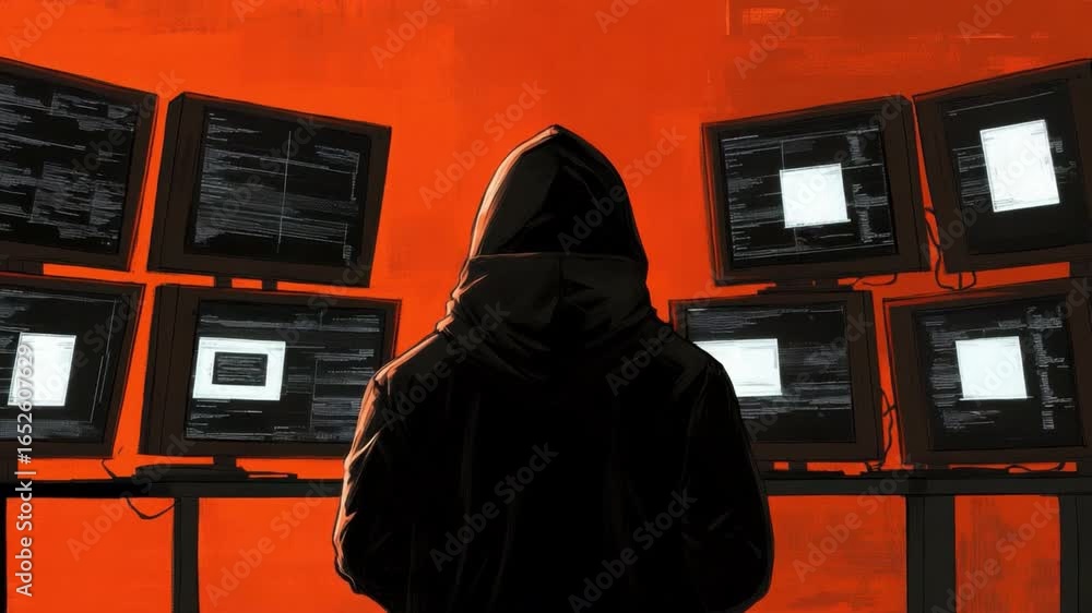 Poster mysterious figure in dark hoodie standing in front of multiple screens filled with code and data, re