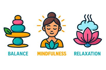 Wellness icons representing balance, mindfulness, relaxation with vibrant colors, cartoon style, transparent background, calm, meditation, harmony, mental health, spa, yoga