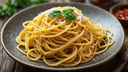 Close-up view of cooked noodles