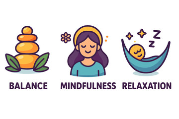 Vibrant Wellness Icons Set Representing Balance, Mindfulness, and Relaxation in Colorful Vector Cartoon Style on Transparent Background, Ordered Set of 3