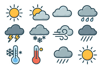 Weather symbols illustrating diverse atmospheric conditions and temperature indicators in a colorful vector cartoon style on transparent background. Ordered set 4.