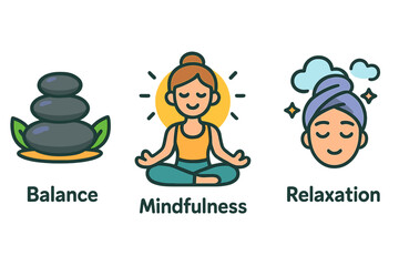 Vibrant wellness icons representing balance, mindfulness, and relaxation in colorful vector cartoon style, transparent background, ordered set of three healthy lifestyle symbols