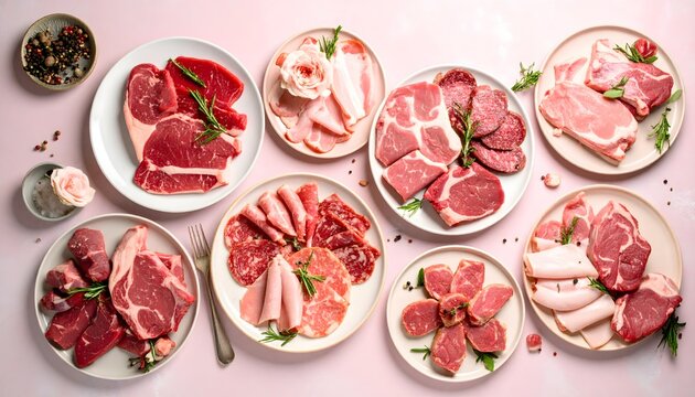 Assorted Raw Meats and Processed Delicacies on Plates