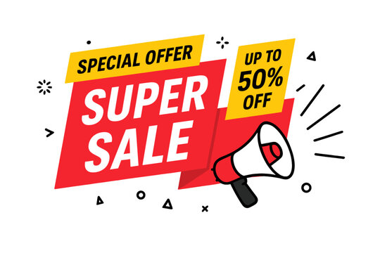 Special offer super sale banner with loudspeaker. Big discount promotion tag for marketing. Advertising label design up to 50 percent off. Business vector concept illustration.