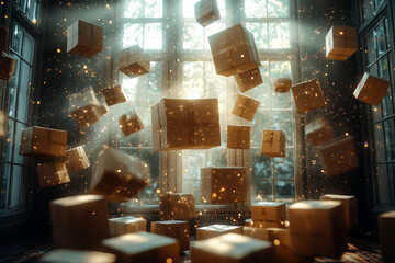 Packages are suspended in mid-air, moving dynamically through a soft, natural light, creating an enchanting atmosphere that highlights the joy of delivery