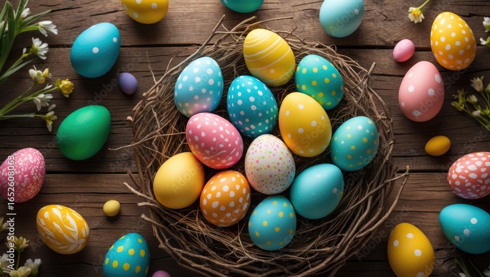 Poster colorful egg collection arranged in a nest on a rustic wooden surface with room for a message