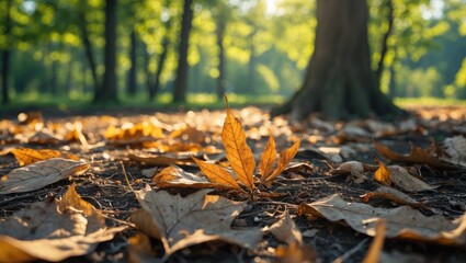 Obraz premium Golden sunlight illuminating fallen dry foliage