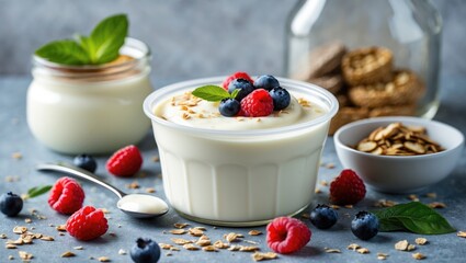 Fresh and tasty natural yogurt in a cup