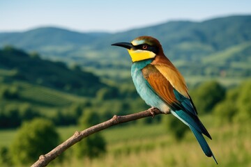 Obraz premium Vibrant bird perched on a tree limb in a picturesque European setting