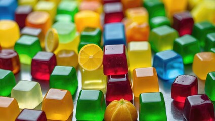 Obraz premium Detailed view of a line of jelly treats alongside cube candies
