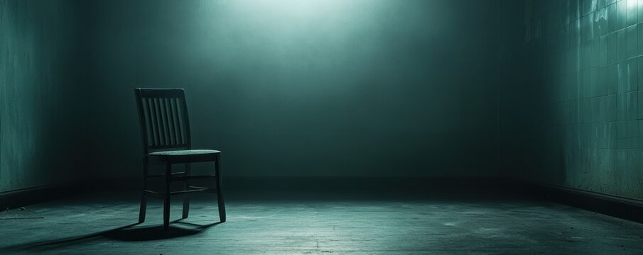 Empty chair in dark room, spotlight, mystery.  Film noir setting