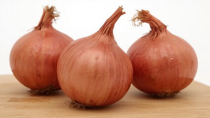 Close-up shot of three uncut red onions resting on a wooden plank with a white background