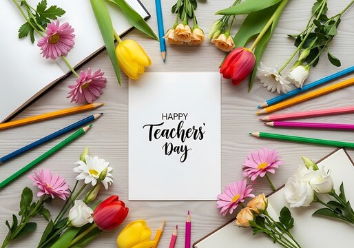 Happy teachers day card with flowers and pencils on wooden table, flat lay style - Powered by Adobe
