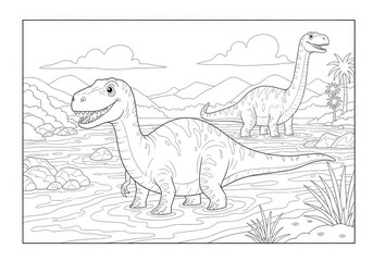 Delightful Dinosaurs in a Prehistoric Riverbed: A Coloring Adventure Awaits