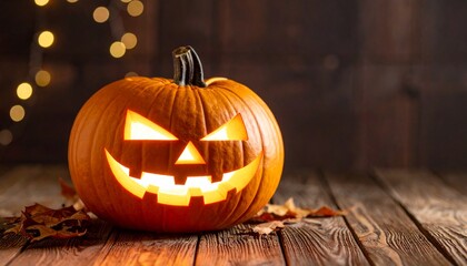 Obraz premium Glowing Jack-o'-Lantern on Wooden Surface with Bokeh Lights for Spooky Halloween Decoration
