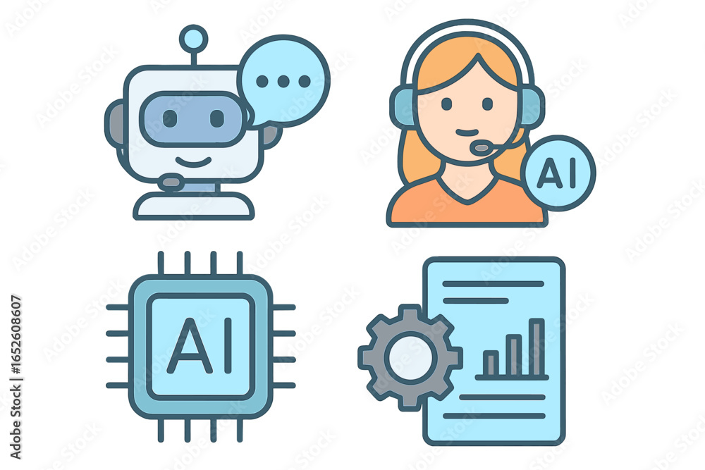 Poster ai icon set for business solutions. artificial intelligence in customer support, chatbot and data pr