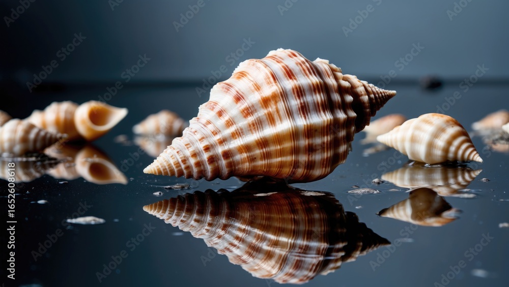 Poster a shell and rapana resting on a mirror-like black surface with reflection