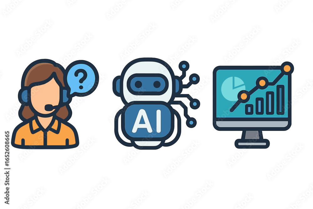 Poster modern business icons set with customer support agent, ai chatbot, and data analytics graph. vector 