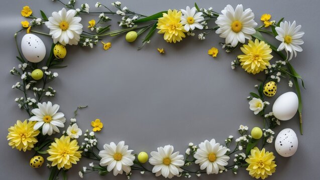 Decorative Easter display with colorful flowers and quail eggs on a gray surface, top-down perspective.